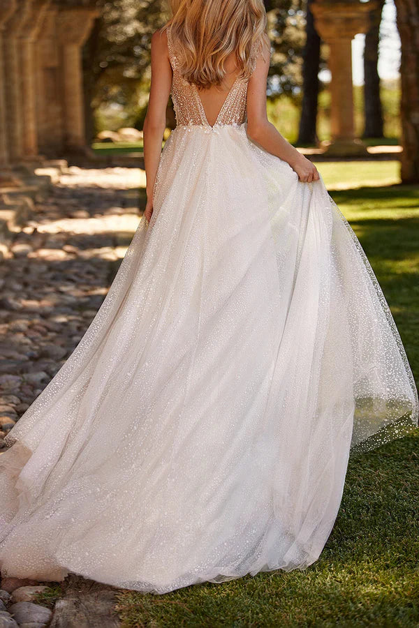 Line Illusion V-Ausschnitt Aufkleber Bohemian Stil Schlitz Brautkleid