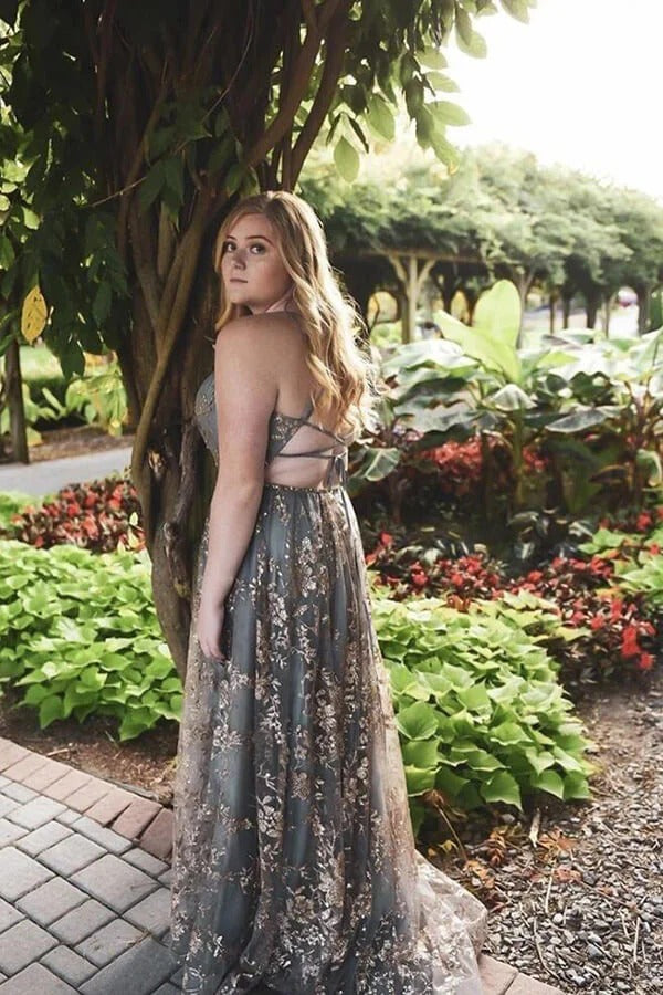 Sage Green Floral Embroidered Tulle Gown with High Slit