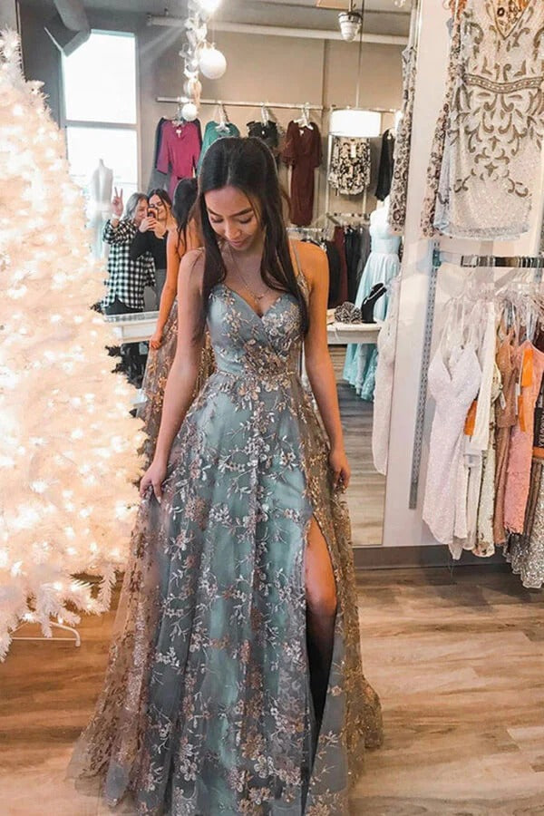 Sage Green Floral Embroidered Tulle Gown with High Slit