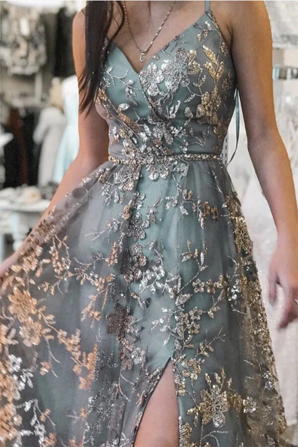 Sage Green Floral Embroidered Tulle Gown with High Slit