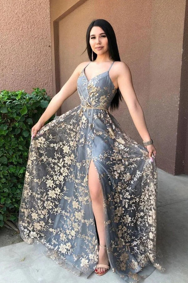 Sage Green Floral Embroidered Tulle Gown with High Slit