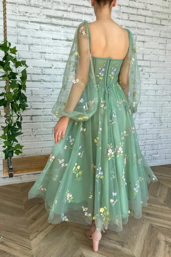Sage Green Floral Embroidered Tulle Midi Dress with Puffed Sleeves