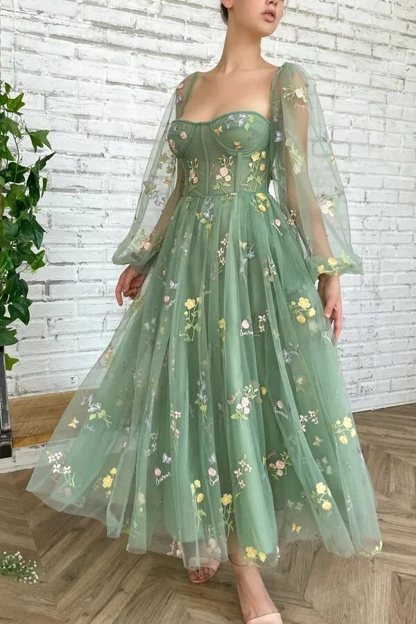 Sage Green Floral Embroidered Tulle Midi Dress with Puffed Sleeves