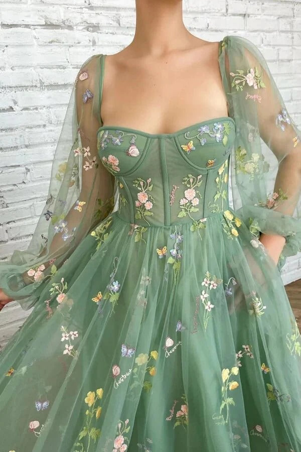 Sage Green Floral Embroidered Tulle Midi Dress with Puffed Sleeves