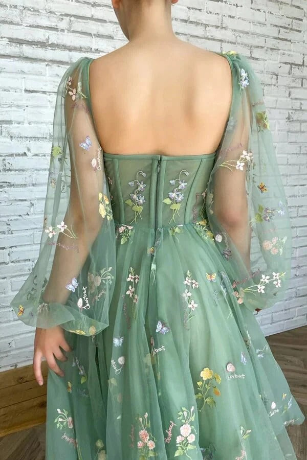 Sage Green Floral Embroidered Tulle Midi Dress with Puffed Sleeves