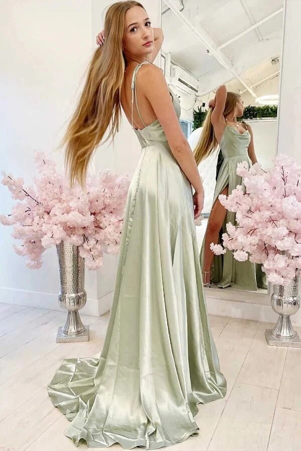 Sage Green Satin Cowl Neck Maxi Dress with Slit