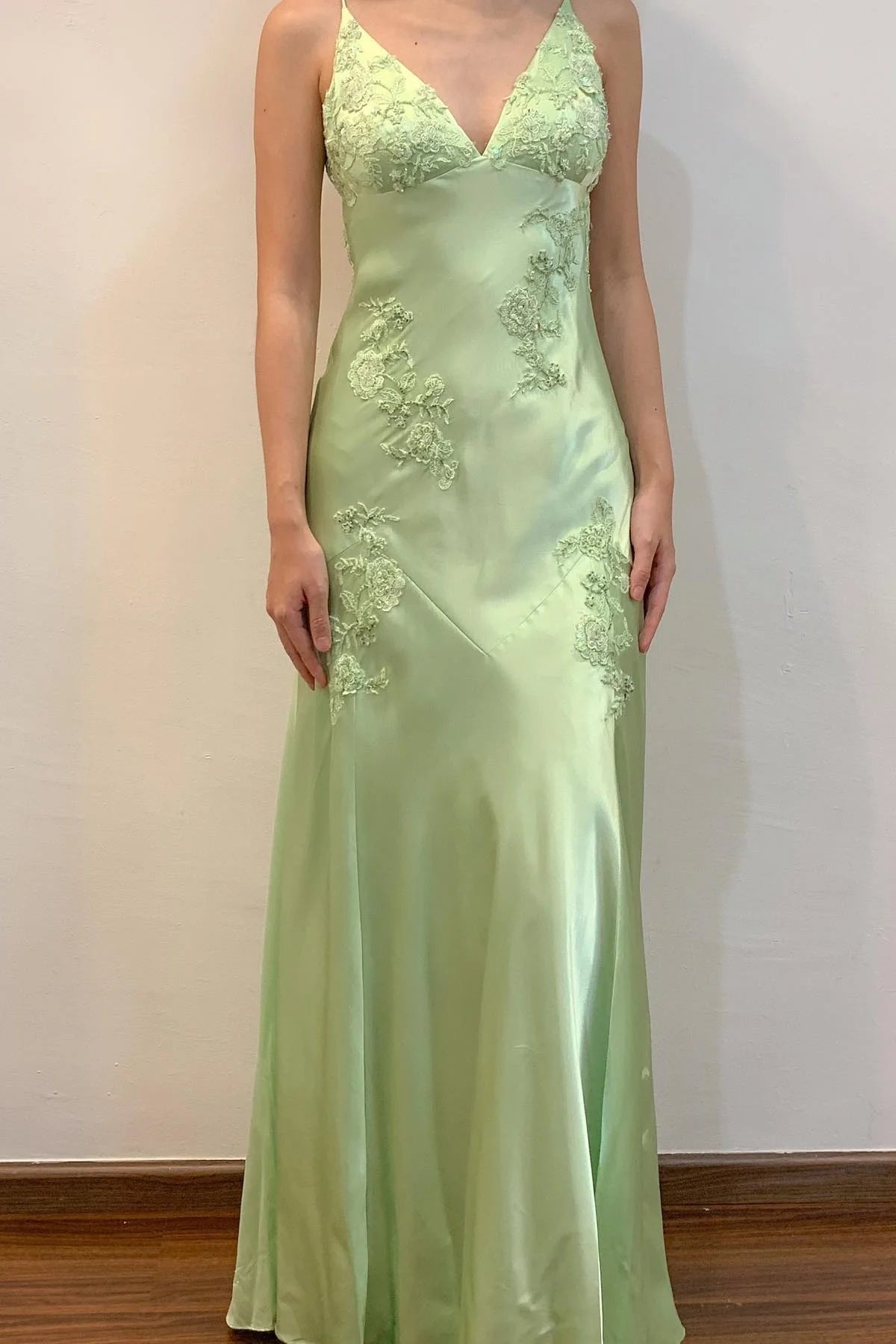 Sage Green Satin Prom Dress with Lace Applique, Spaghetti Straps and Open Back
