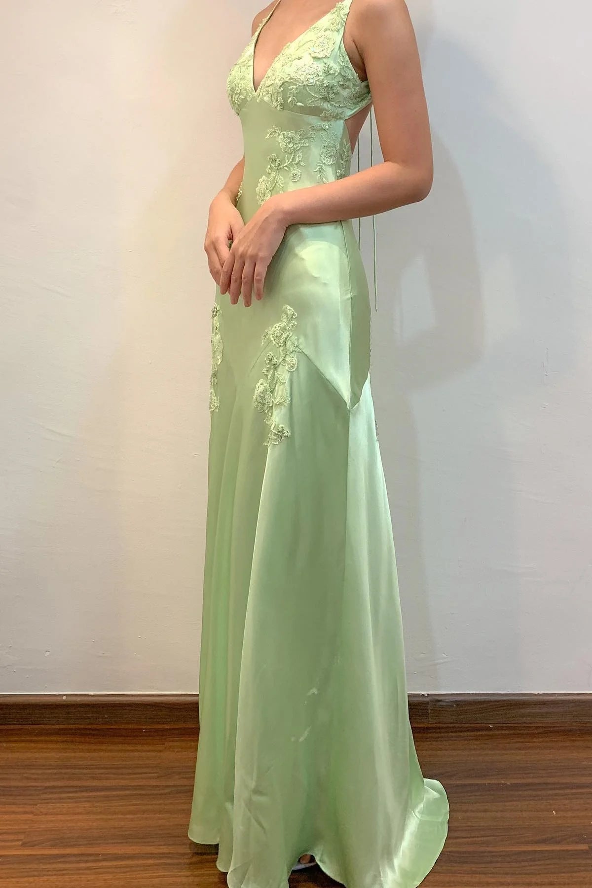 Sage Green Satin Prom Dress with Lace Applique, Spaghetti Straps and Open Back