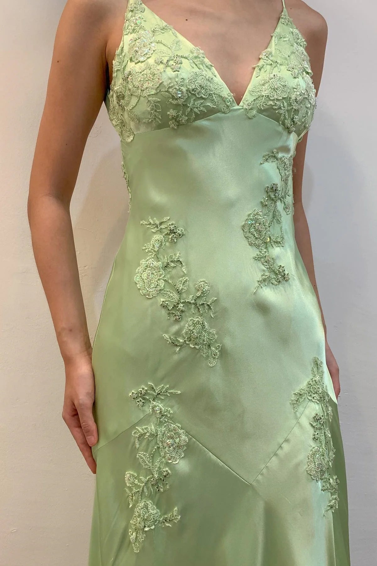 Sage Green Satin Prom Dress with Lace Applique, Spaghetti Straps and Open Back