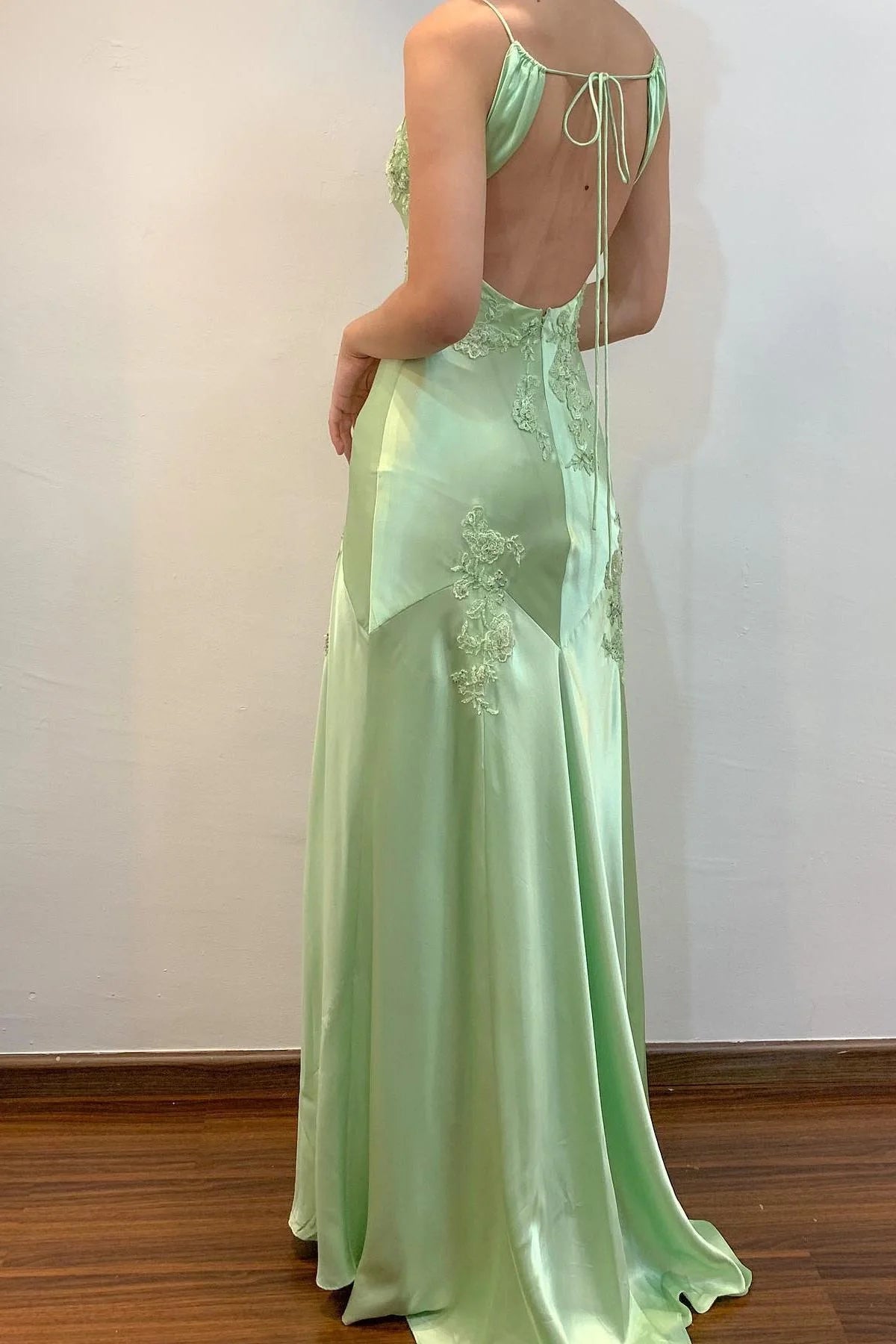 Sage Green Satin Prom Dress with Lace Applique, Spaghetti Straps and Open Back