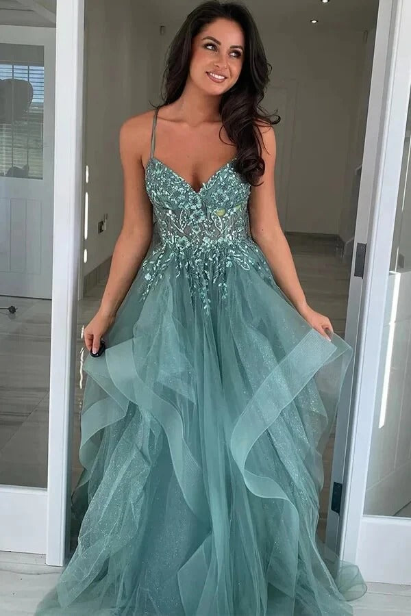 Sage Green Spaghetti-Strap Beaded Ruffle Tulle Ball Gown with Lace-Up Back