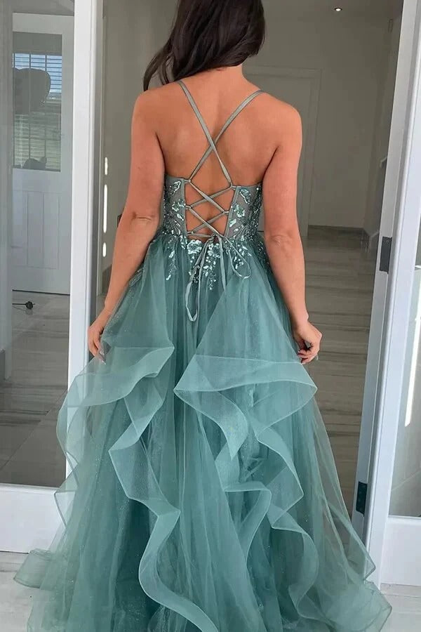Sage Green Spaghetti-Strap Beaded Ruffle Tulle Ball Gown with Lace-Up Back