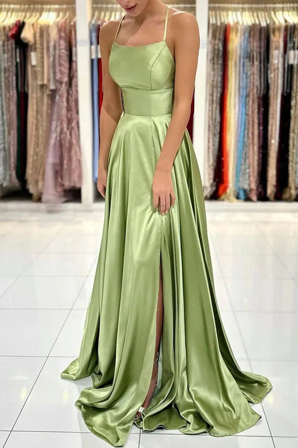 Sage Green Spaghetti Strap Square Neck Open Back Satin A-Line Prom Maxi Gown with Slit & Train