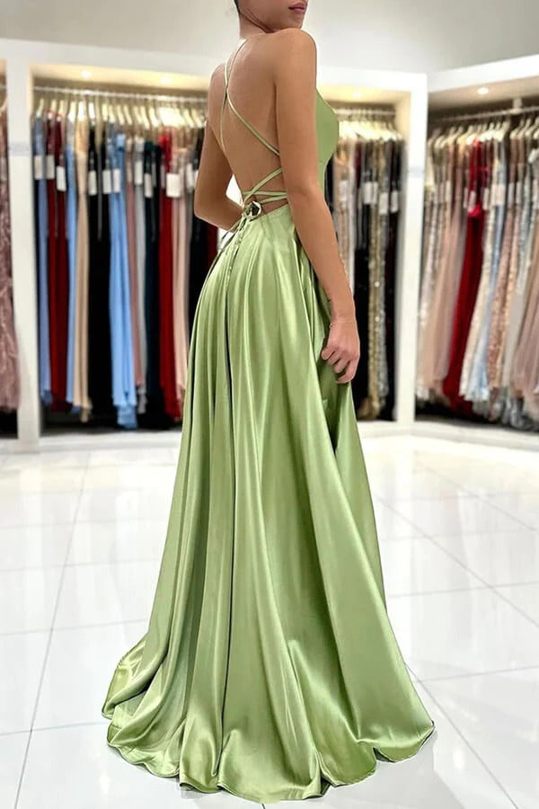 Sage Green Spaghetti Strap Square Neck Open Back Satin A-Line Prom Maxi Gown with Slit & Train