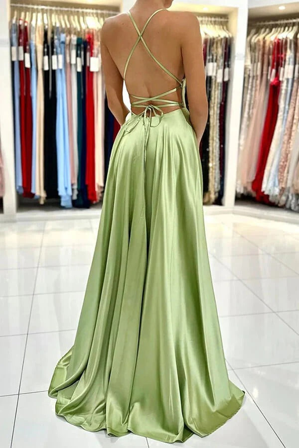 Sage Green Spaghetti Strap Square Neck Open Back Satin A-Line Prom Maxi Gown with Slit & Train