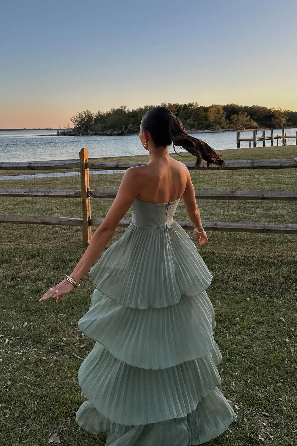 Sage Green Tiered Pleated Maxi Gown – Strapless Sweetheart Prom Dress with Train