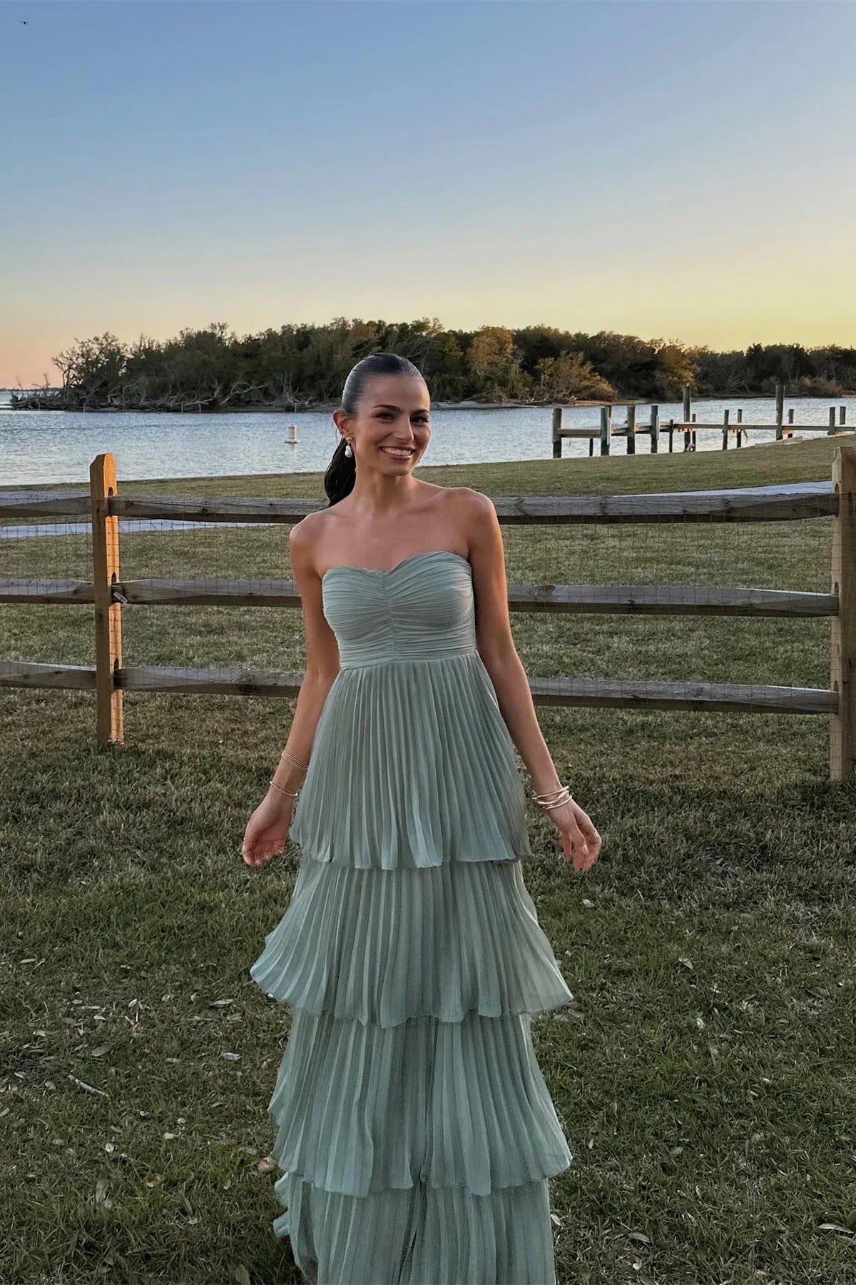 Sage Green Tiered Pleated Maxi Gown – Strapless Sweetheart Prom Dress with Train