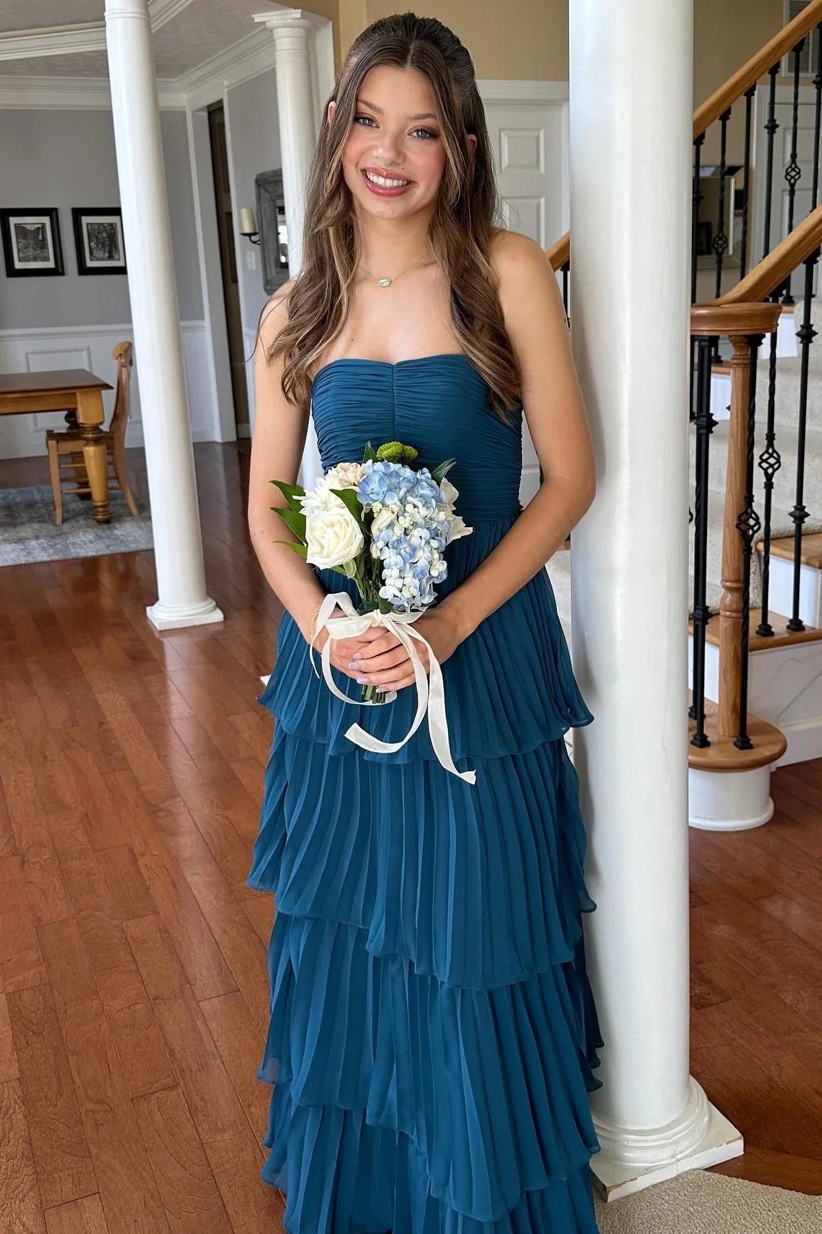 Sage Green Tiered Pleated Maxi Gown – Strapless Sweetheart Prom Dress with Train