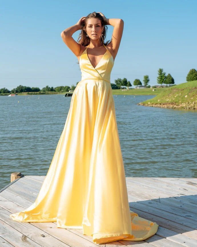 Satin Halter-Neck Deep V-Wrap Bodice Crisscross Back A-Line Train Evening Dress