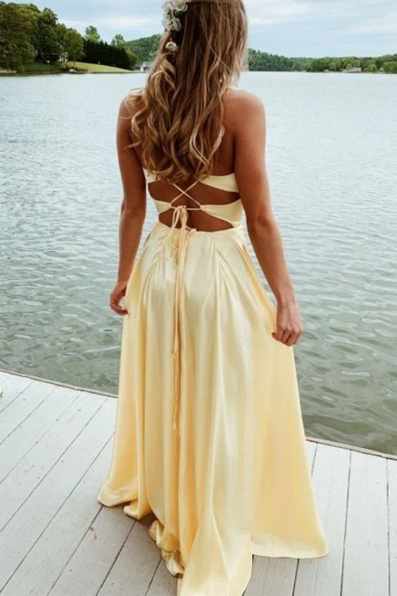 Satin Halter-Neck Deep V-Wrap Bodice Crisscross Back A-Line Train Evening Dress