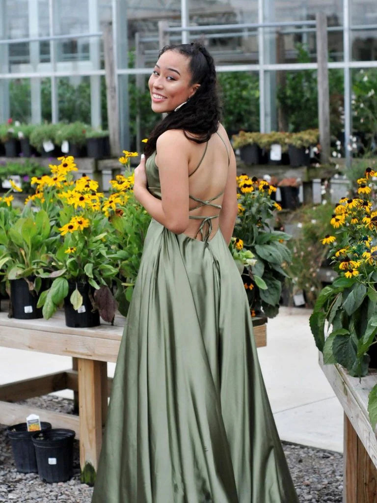 Satin Halter-Neck Square Bodice Crisscross Back A-Line Floor-Length Evening Dress