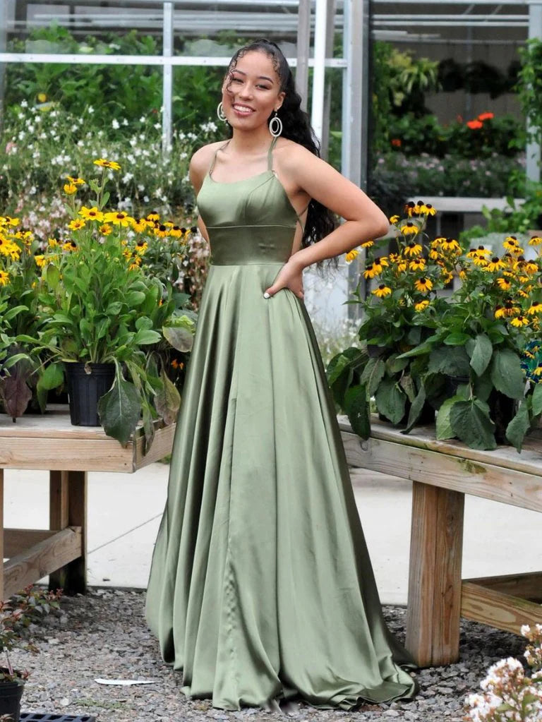 Satin Halter-Neck Square Bodice Crisscross Back A-Line Floor-Length Evening Dress