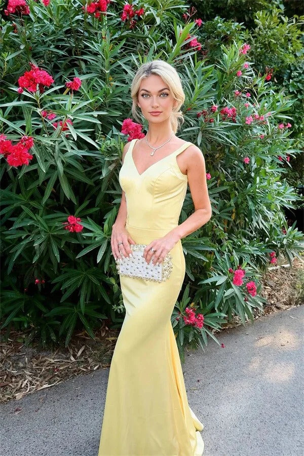 Satin Mermaid Formal Gown – V-Neck Sleeveless/Spaghetti Strap Prom Dress