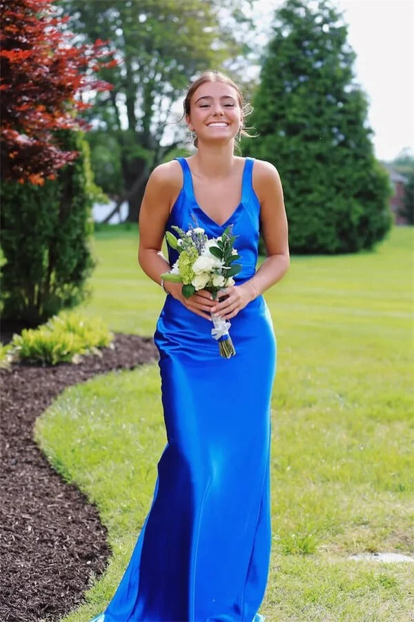 Satin Mermaid Formal Gown – V-Neck Sleeveless/Spaghetti Strap Prom Dress