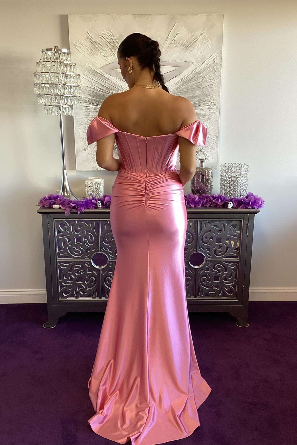 Satin Off-the-Shoulder Evening Dress with Corset Bodice, High Front Slit & Mermaid Train