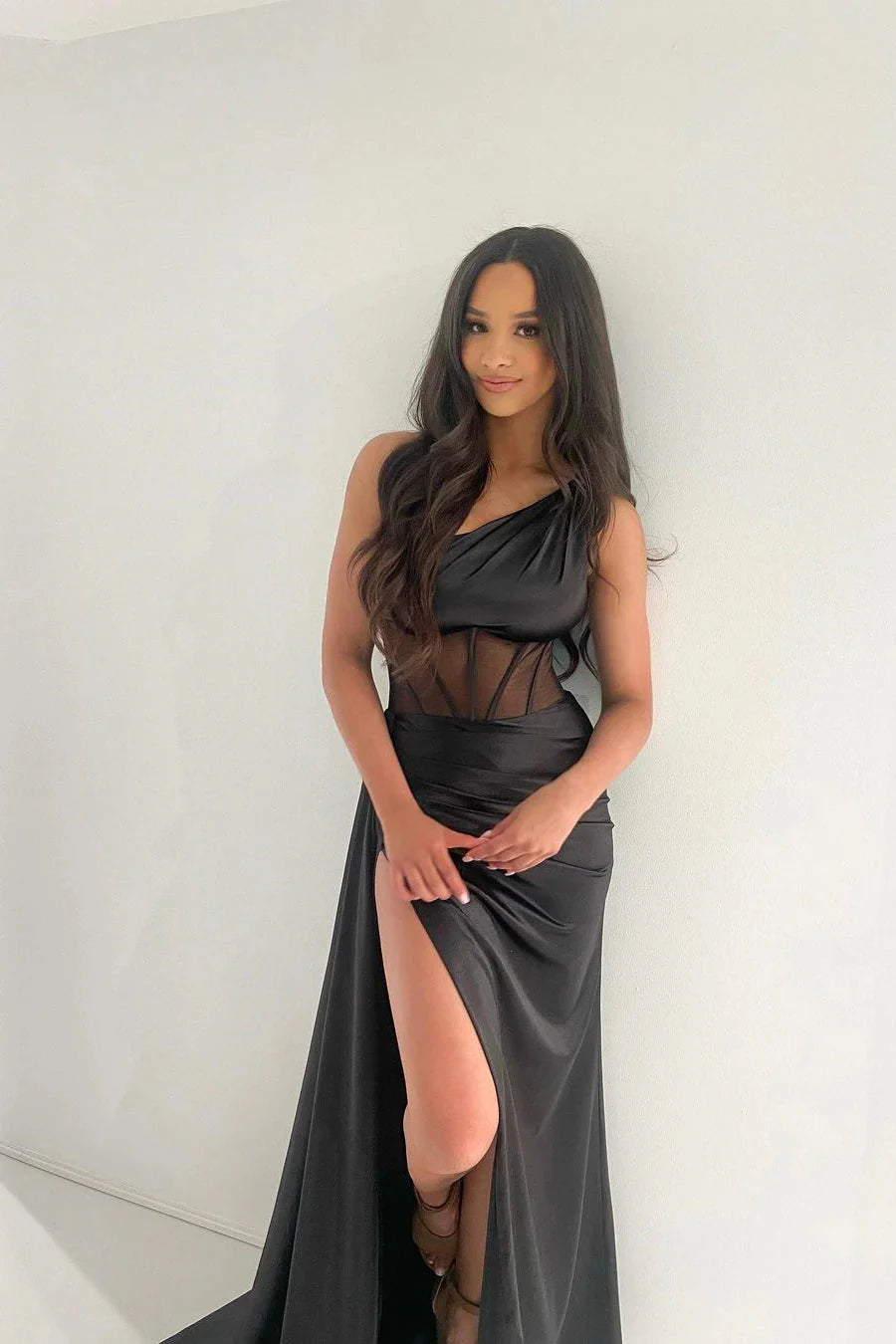 Satin One-Shoulder Evening Dress with Mesh Cutout Bodice, High Front Slit & Mermaid Train