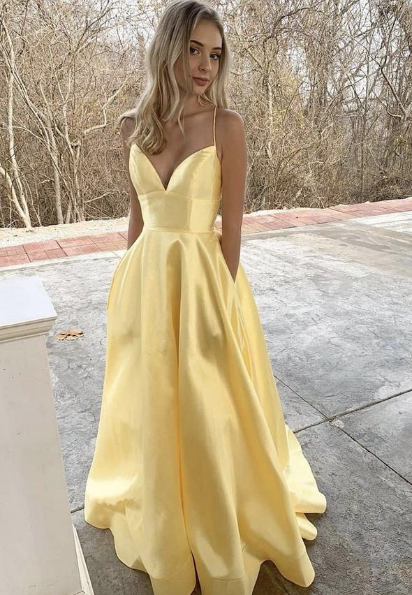 Satin Spaghetti-Strap Deep V-Neck Multi-Crisscross Back A-Line Floor-Length Evening Dress