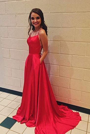 Satin Spaghetti-Strap Square Neck Crisscross Back A-Line Floor-Length Evening Dress