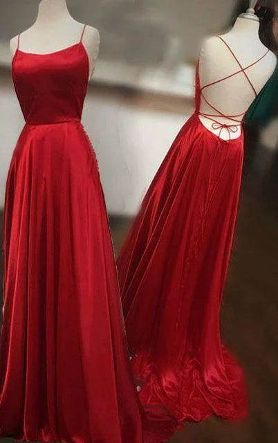 Satin Spaghetti-Strap Square Neck Crisscross Back A-Line Floor-Length Evening Dress