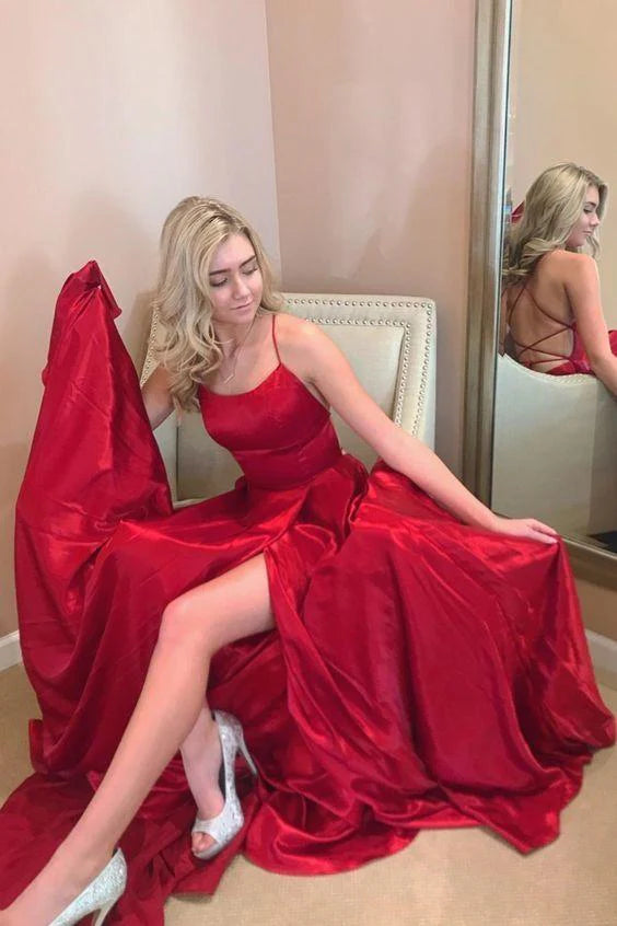 Satin Spaghetti-Strap Square Neck Crisscross Back A-Line Floor-Length Evening Dress