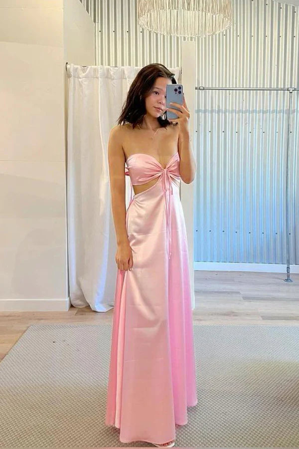 Satin Strapless Prom Dress with Tie Front, Side Cutout and Flowing Skirt