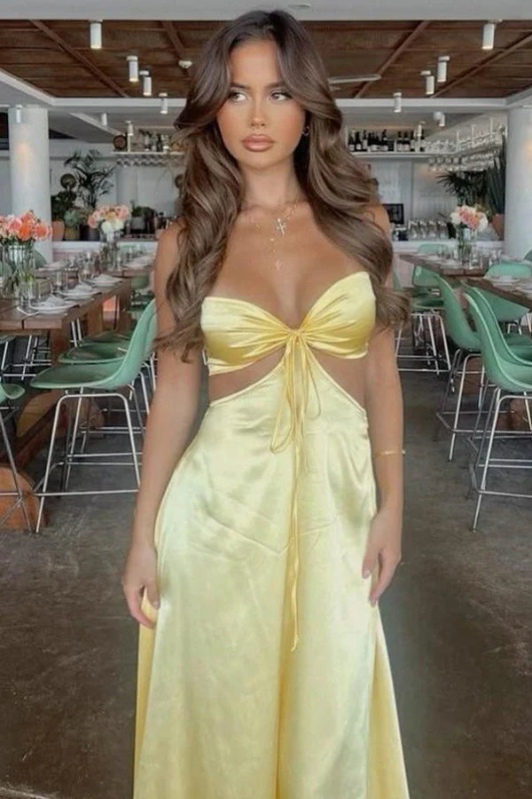 Satin Strapless Prom Dress with Tie Front, Side Cutout and Flowing Skirt