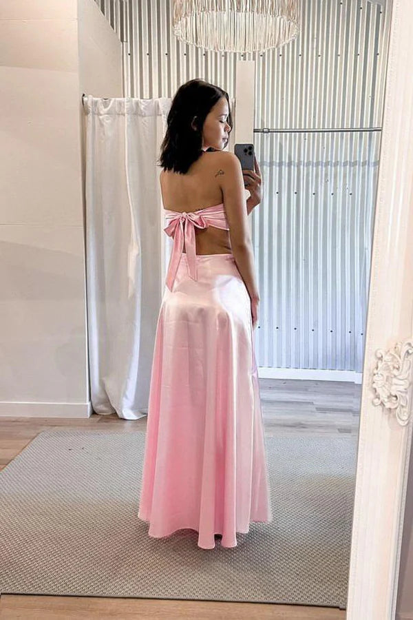 Satin Strapless Prom Dress with Tie Front, Side Cutout and Flowing Skirt
