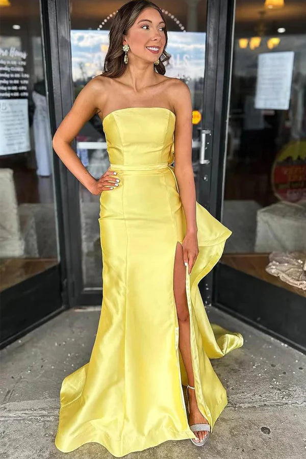 Strapless Satin Prom Dress with Oversized Bow, High Slit and Train