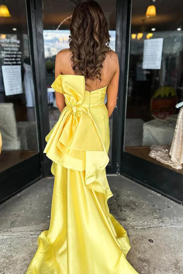 Strapless Satin Prom Dress with Oversized Bow, High Slit and Train