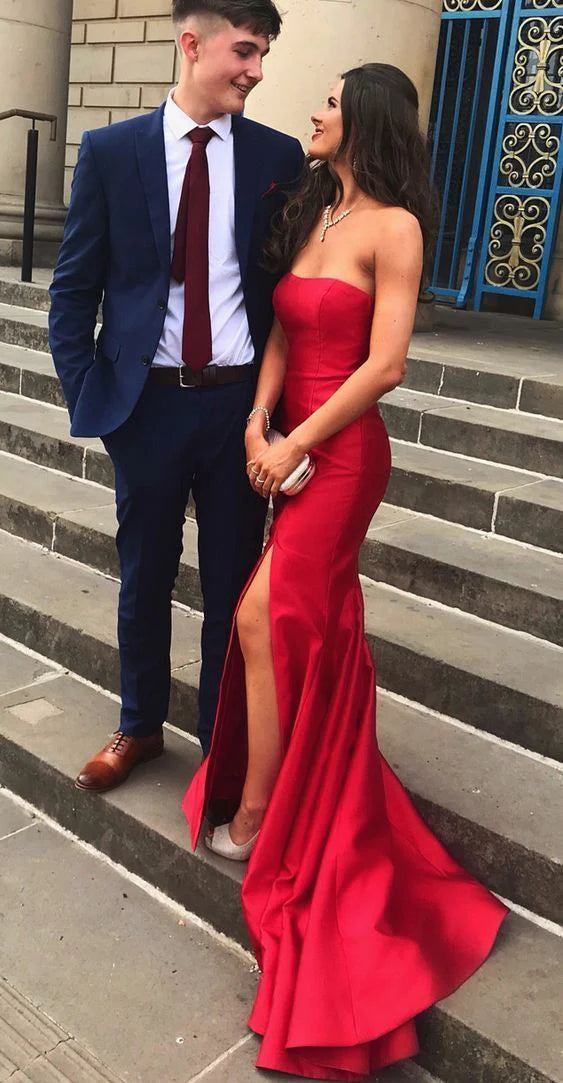 Satin Strapless Sweetheart High-Slit Mermaid Train Floor-Length Evening Dress
