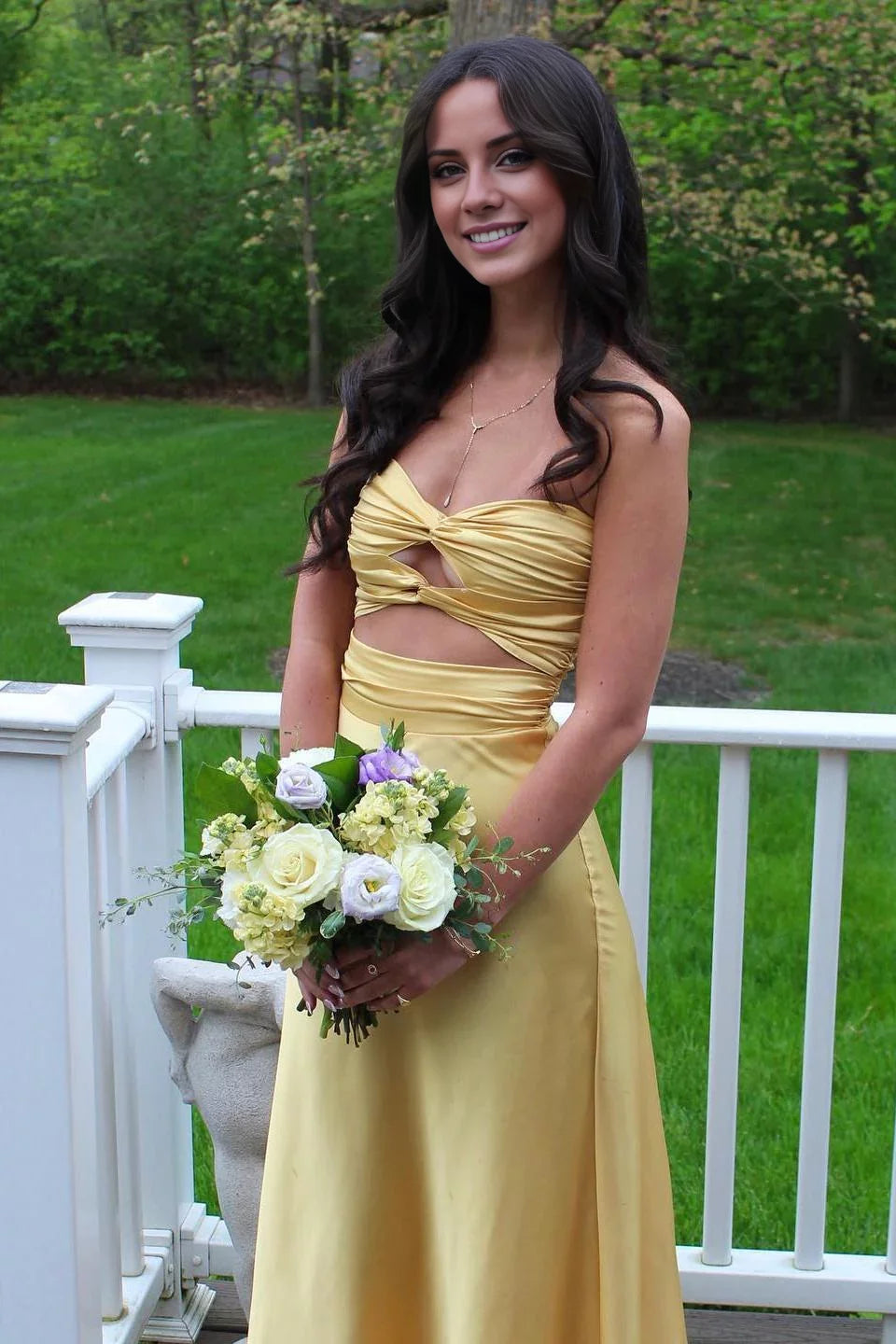 Satin Strapless Twist-Front Cutout Bodice Maxi-Length Yellow Glamorous Formal Evening Dress