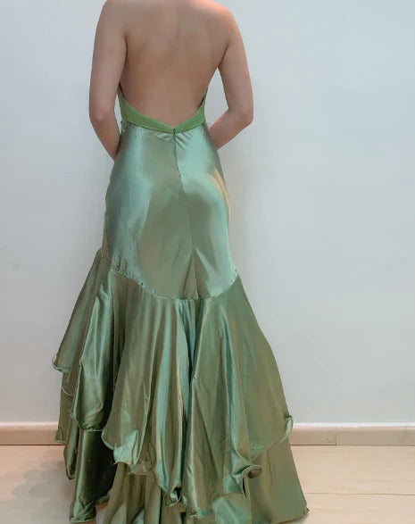 Satin Beaded Halter Prom Dresses with Deep V-Neck, Open Back and Ruffled Mermaid Skirt Formal Gown