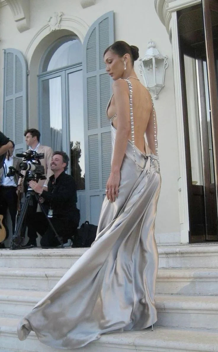 Satin Crystal-Embellished Prom Dresses with Deep V-Neck, Open Back and Floor-Length Train Formal Gown