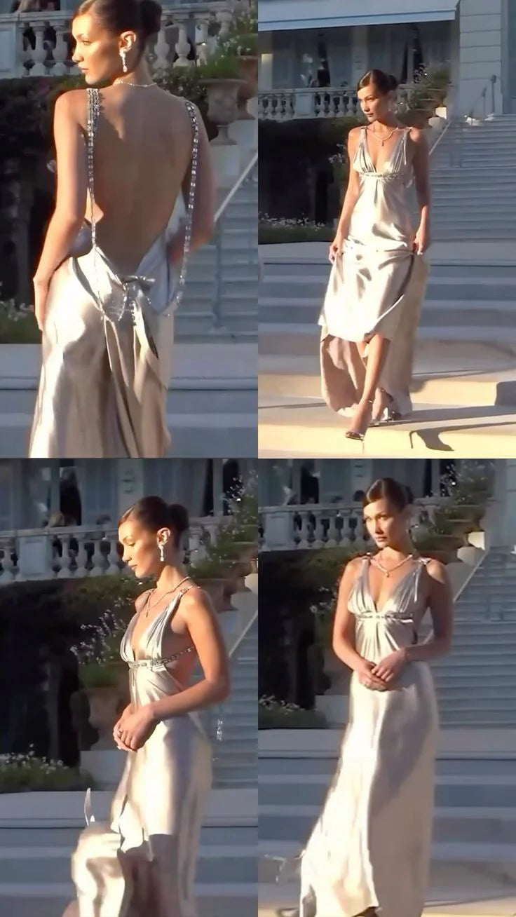 Satin Crystal-Embellished Prom Dresses with Deep V-Neck, Open Back and Floor-Length Train Formal Gown