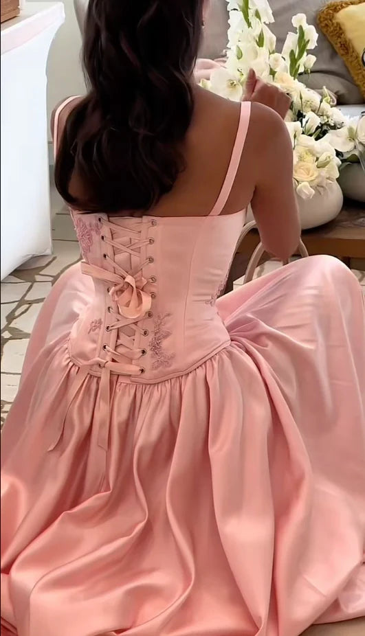 Satin Lace Applique Prom Dresses with Sweetheart Neckline, Lace-Up Back and Ball Gown Skirt Formal Gown