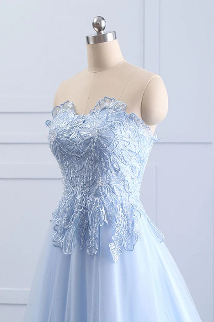 Sexy Günstige Applikationen Lange Blaue Charmante Sweetheart A-Linie Bodenlange Ballkleider 