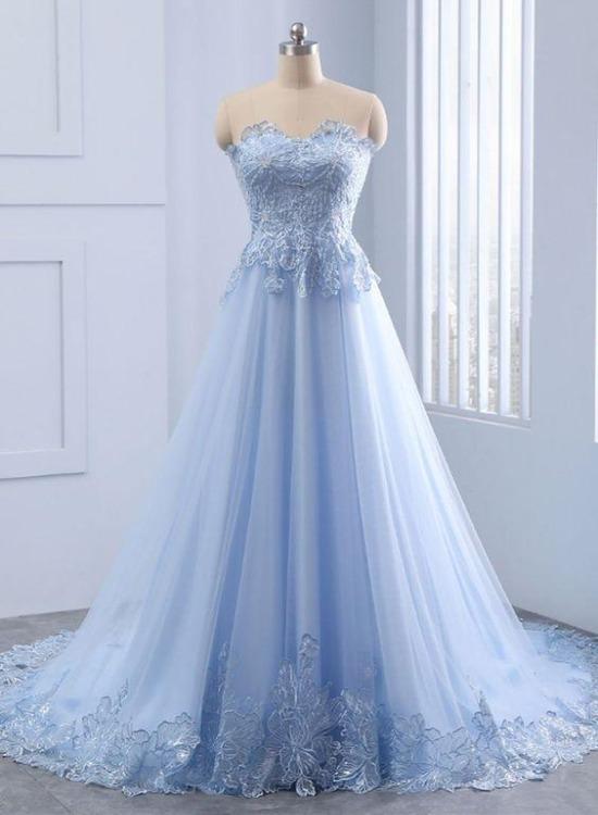 Sexy Günstige Applikationen Lange Blaue Charmante Sweetheart A-Linie Bodenlange Ballkleider 