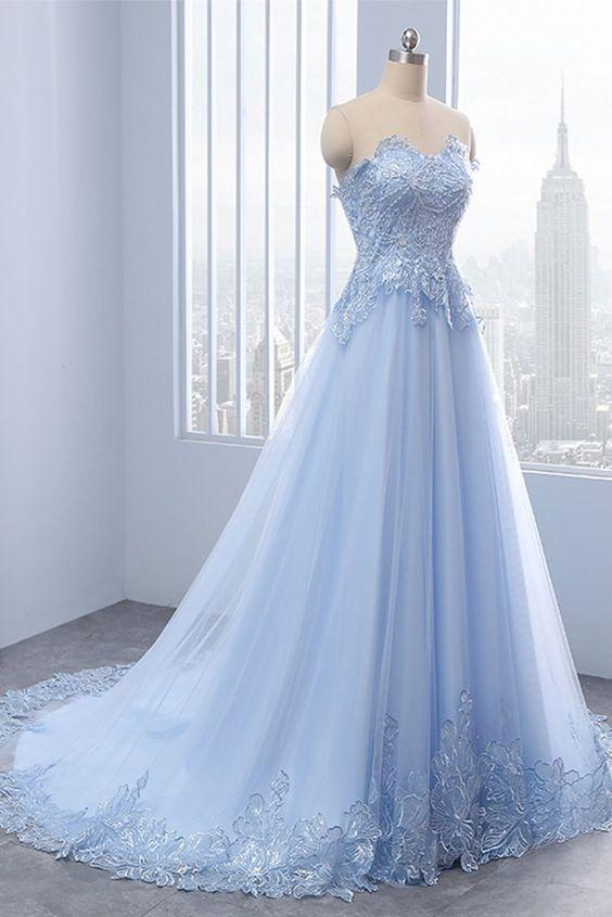 Sexy Günstige Applikationen Lange Blaue Charmante Sweetheart A-Linie Bodenlange Ballkleider 