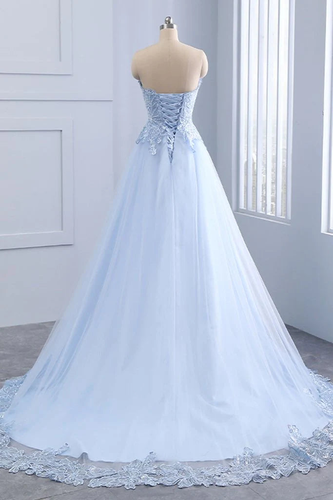 Sexy Günstige Applikationen Lange Blaue Charmante Sweetheart A-Linie Bodenlange Ballkleider 