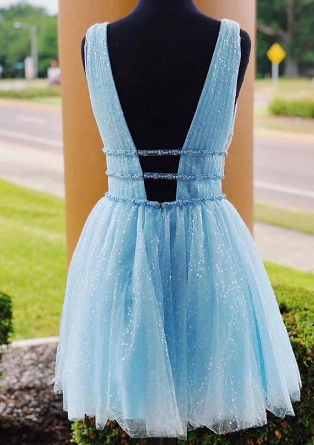 Shimmering A-Line Deep V-Neck Sleeveless Open Back Short Homecoming Dresses with Beaded Waist